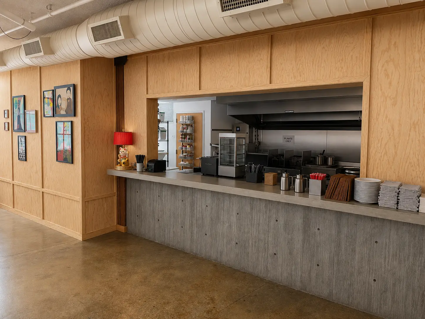 Commercial kitchen and service counter at Mushi Ni in Inman Park