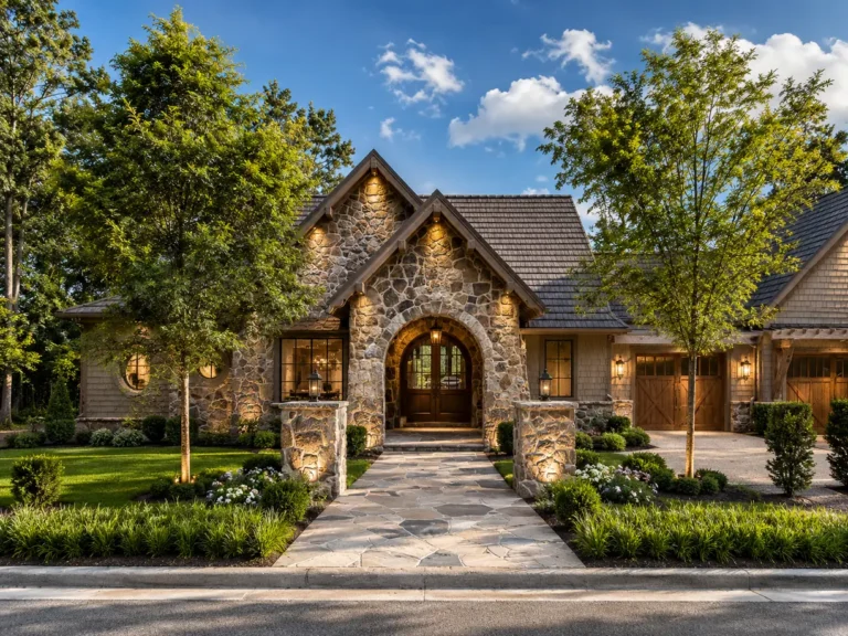Traditional stone entry at Waterfall Club custom home near Lake Burton