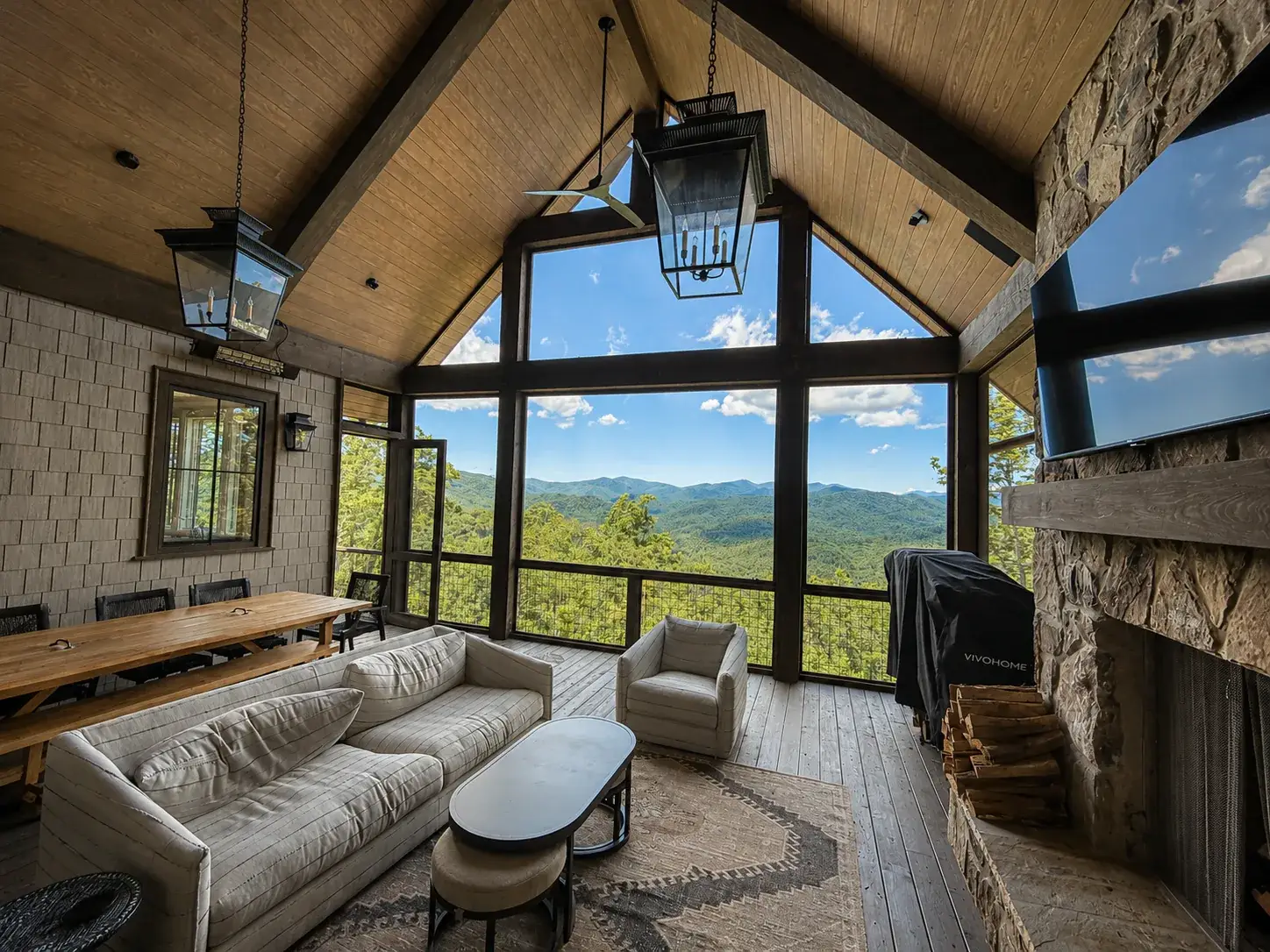 Screened porch at Waterfall Club custom home with North Georgia mountain views